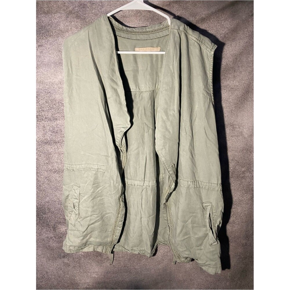 Max Jeans Tencel Utility Vest S Draped Open Front Drawstring Cargo Olive Green
